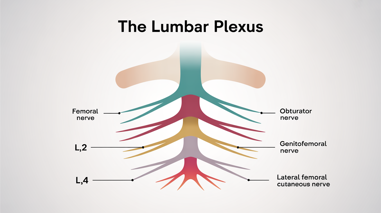 Anatomical diagram of the lumbar plexus, showing the network of nerves originating from the lumbar spine (L1-L4). The major nerves, including the femoral and obturator nerves, are color-coded and clearly labeled for educational purposes.