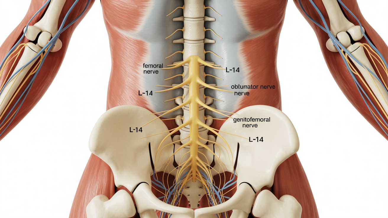 A detailed medical diagram of the human lumbar plexus, showing the major nerves such as the femoral and obturator nerves originating from the lumbar spine. The nerves are highlighted in yellow for clarity.