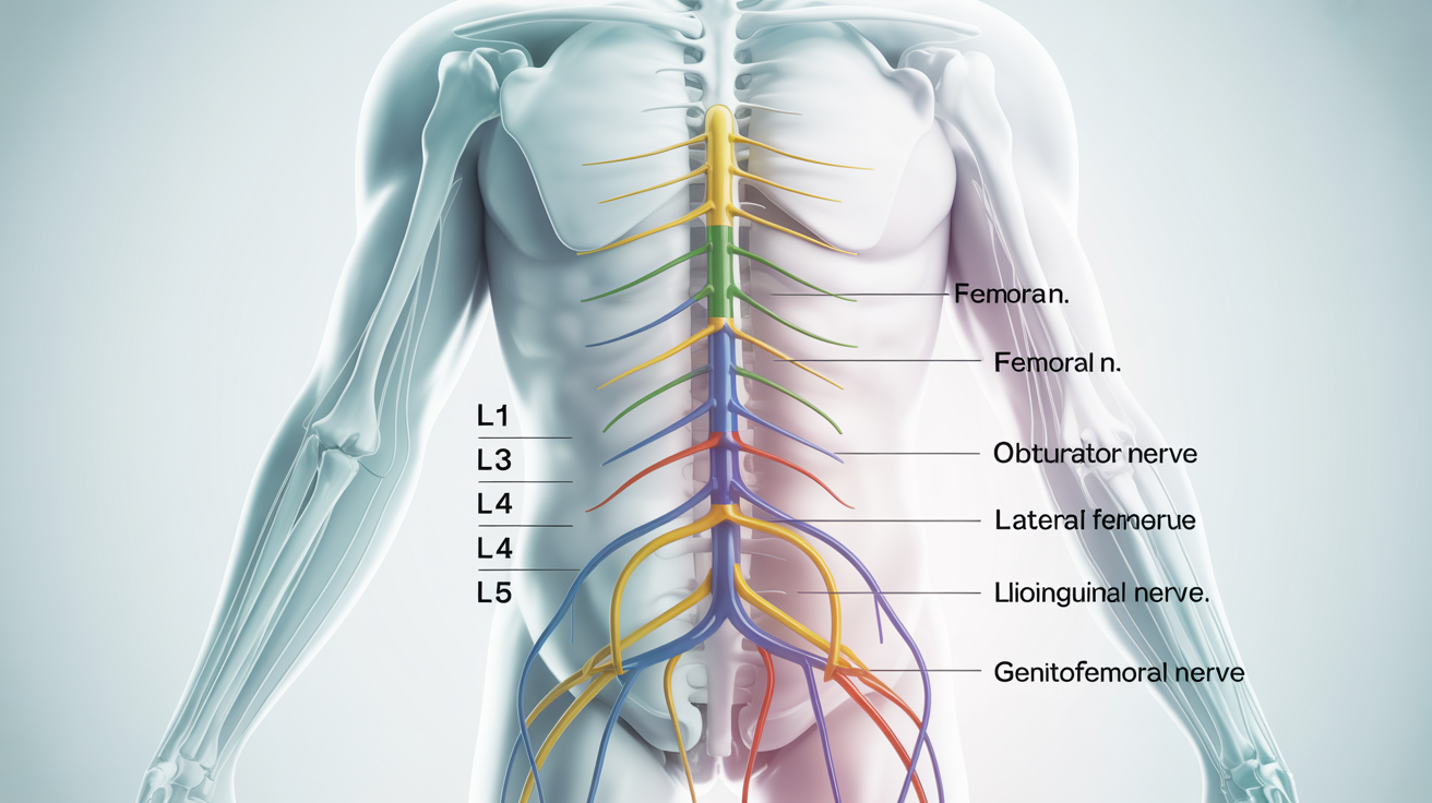 A clear, color-coded medical diagram of the human lumbar plexus against a white background. It shows the major nerves, including the femoral and obturator nerves, and their origins from the L1-L5 vertebrae, with each part clearly labeled.