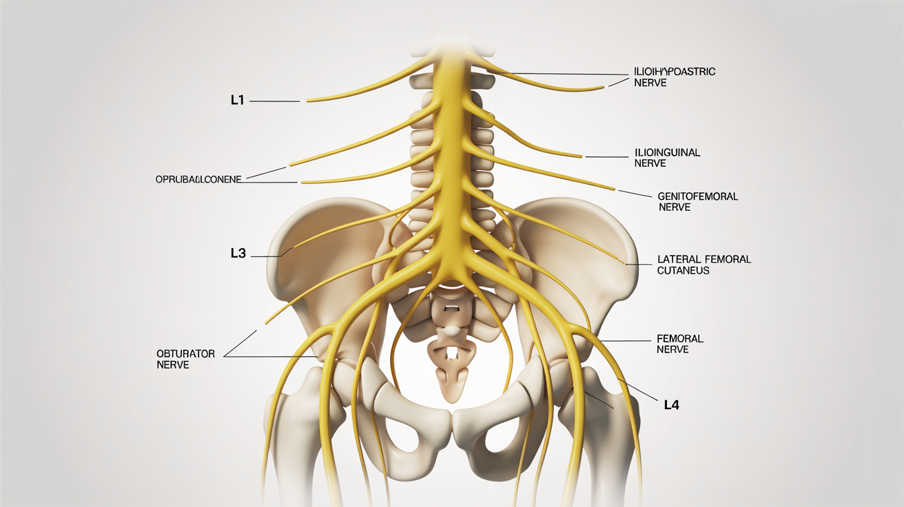 A detailed medical diagram of the human lumbar plexus, showing color-coded nerves branching from the spine with clear, legible labels for educational purposes, set against a white background.