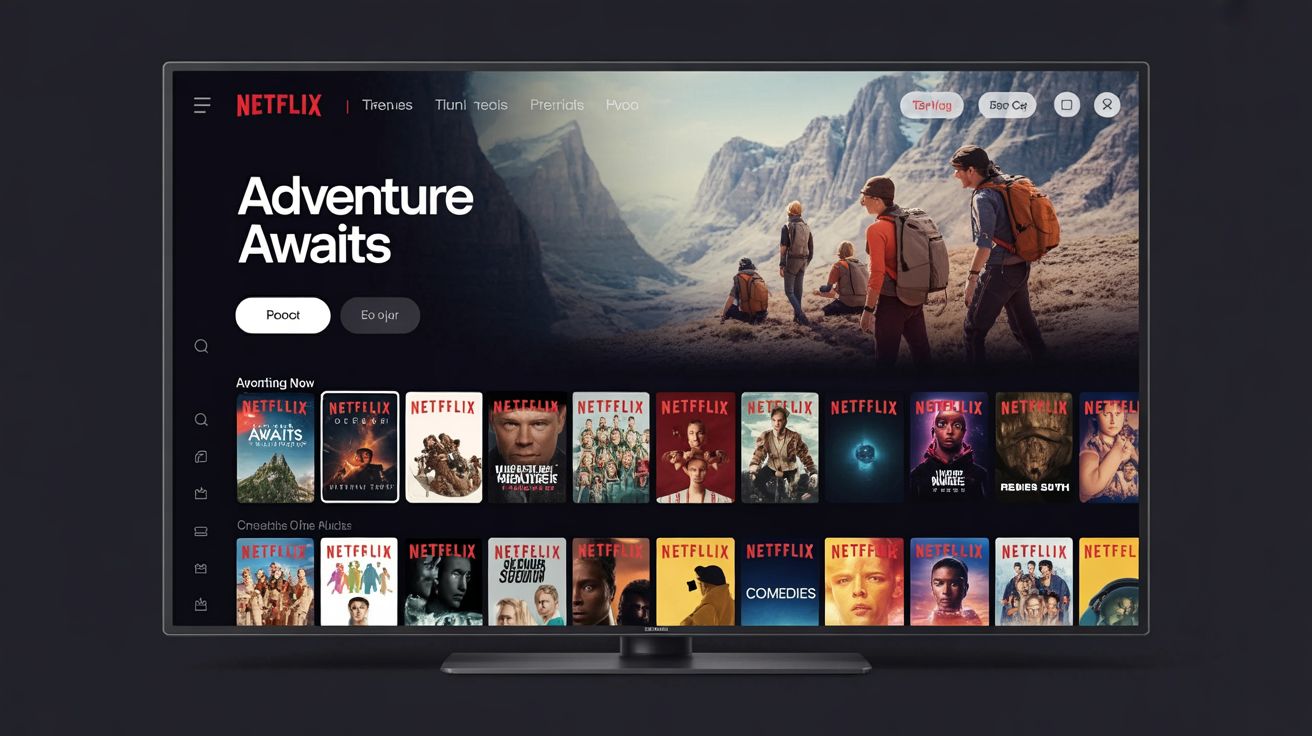A photorealistic mockup of the Netflix TV interface, showcasing a hero banner for a fictional film 'Adventure Awaits' above rows of movie thumbnails for different genres.