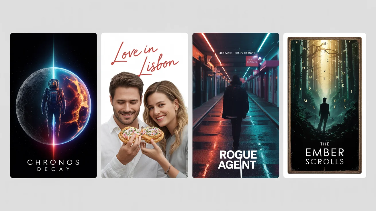 A mockup of a streaming service library, displayed as a collage of four fictional movie posters with titles like 'Chronos Decay' and 'Love in Lisbon', set against a plain white background.