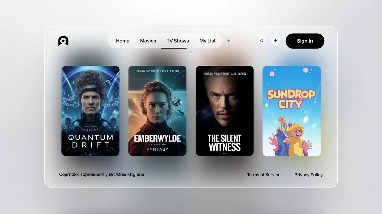 A mockup of a streaming service library, displaying a grid of high-quality, fictional movie and TV show posters on a clean white background.