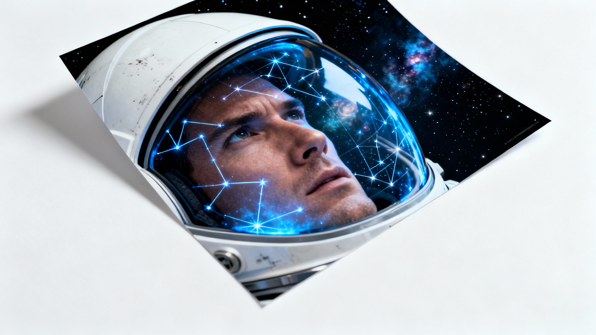 A cinematic mockup of a scene from a science fiction movie, showing a close-up of an astronaut's helmet reflecting a star map, presented on a clean white background.