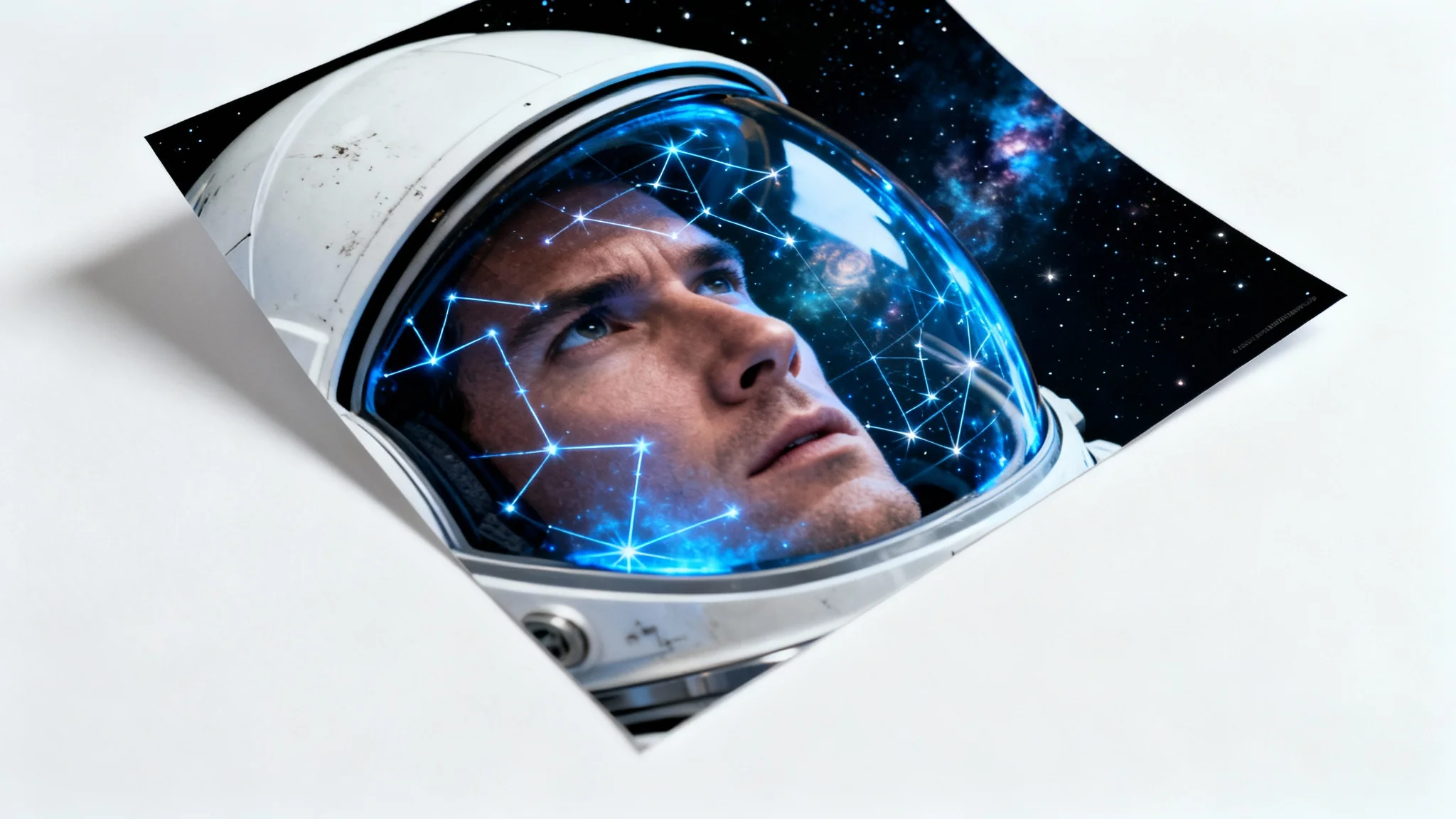 A cinematic mockup of a scene from a science fiction movie, showing a close-up of an astronaut's helmet reflecting a star map, presented on a clean white background.