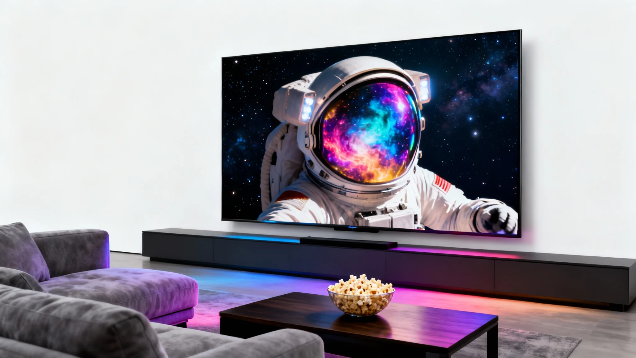 A modern living room at night with a large TV showing a cinematic image of an astronaut in space, creating a cozy and immersive viewing atmosphere.
