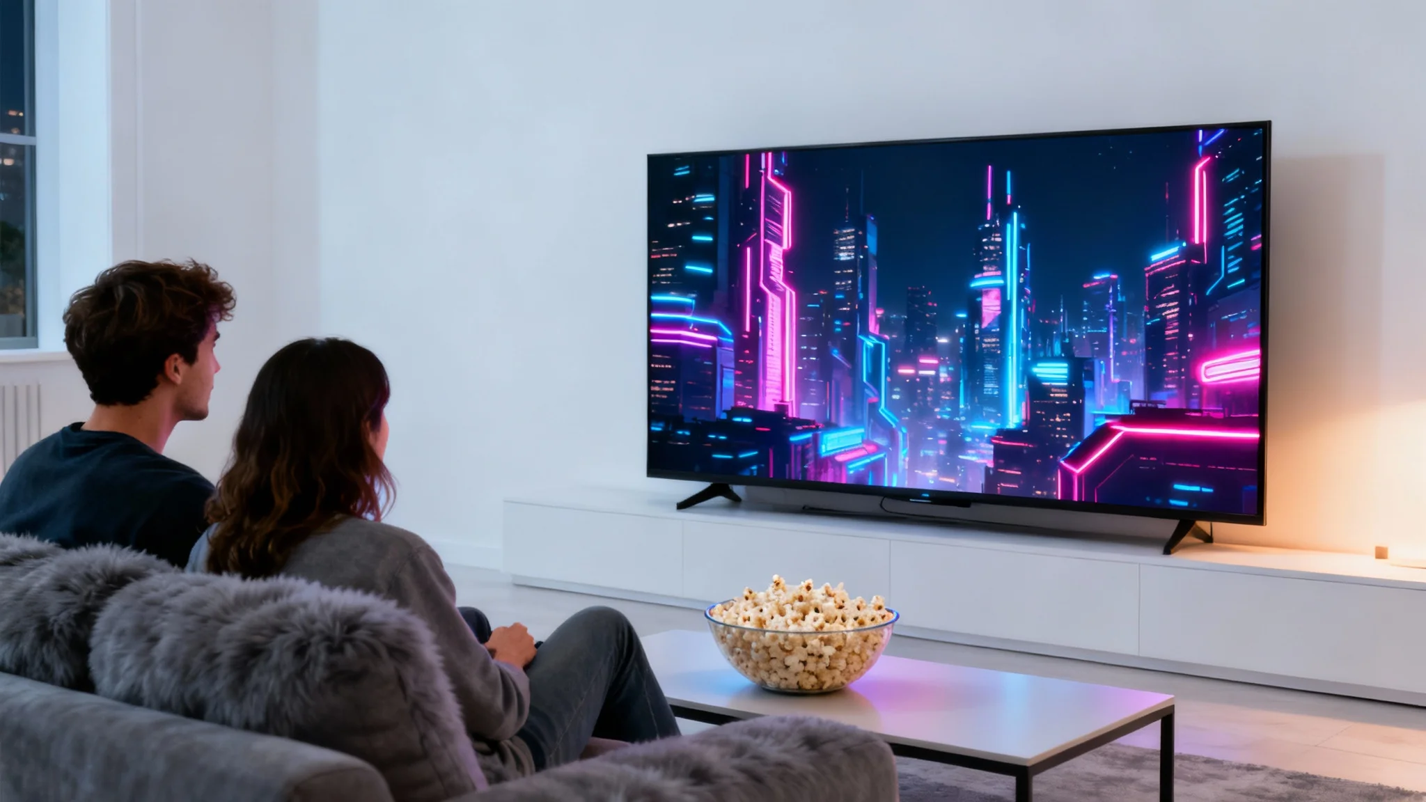 A photorealistic mockup of a couple sitting on a sofa in a modern living room at night, watching a sci-fi movie on a large flat-screen TV which is the main source of light.