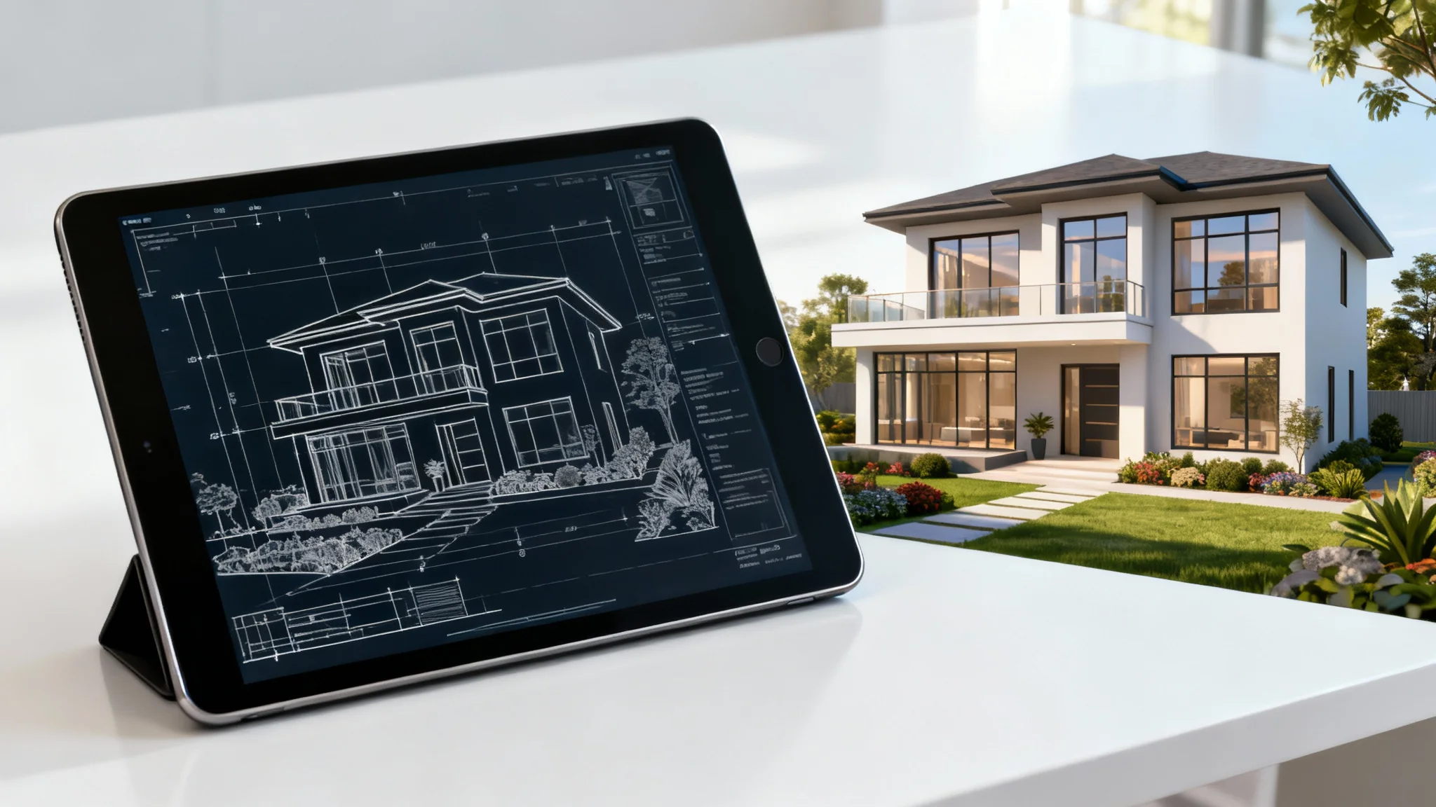 A professional presentation showing the final output of a house blueprint tool: a detailed digital blueprint on a tablet next to a photorealistic 3D render of the finished modern home.
