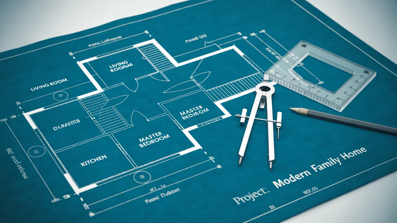 An architectural house blueprint for a 'Modern Family Home' is laid out on a white surface, with drafting tools including a compass and set square resting on top.
