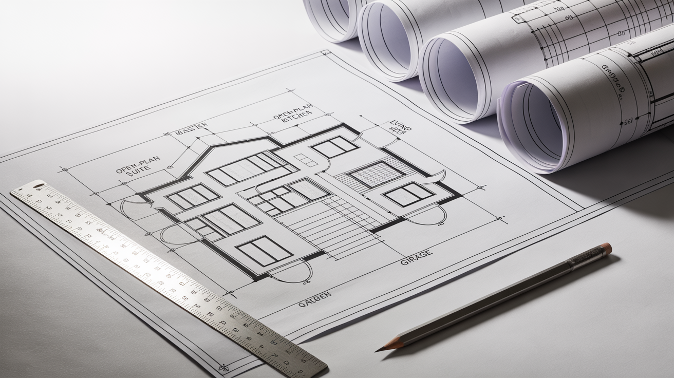 A mockup of a modern house blueprint unrolled on a white surface, with an architect's ruler and pencil placed neatly beside it.