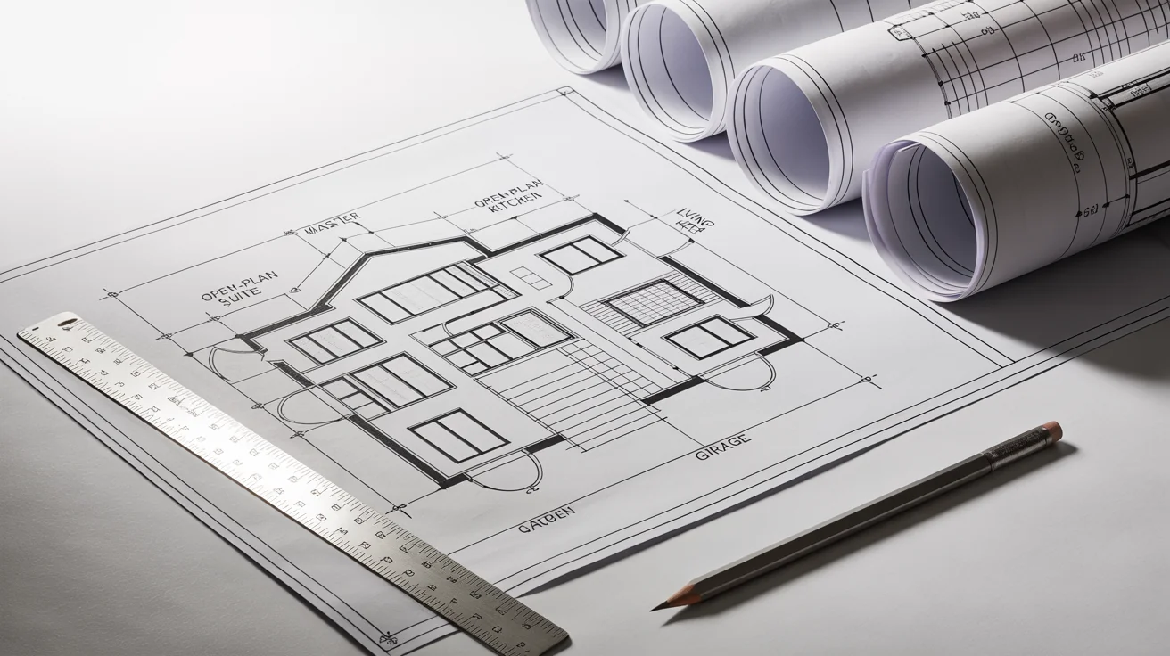 A mockup of a modern house blueprint unrolled on a white surface, with an architect's ruler and pencil placed neatly beside it.