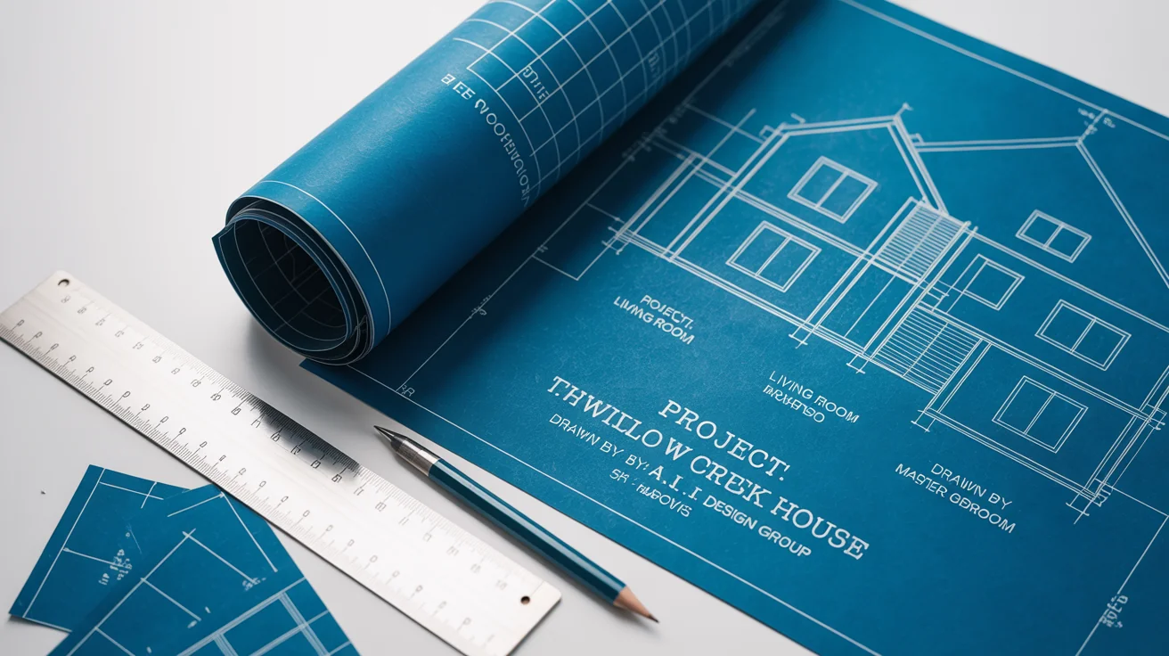 A detailed blue and white house blueprint, partially unrolled on a white surface, with an architect's ruler and pencil resting beside it, symbolizing architectural design and planning.