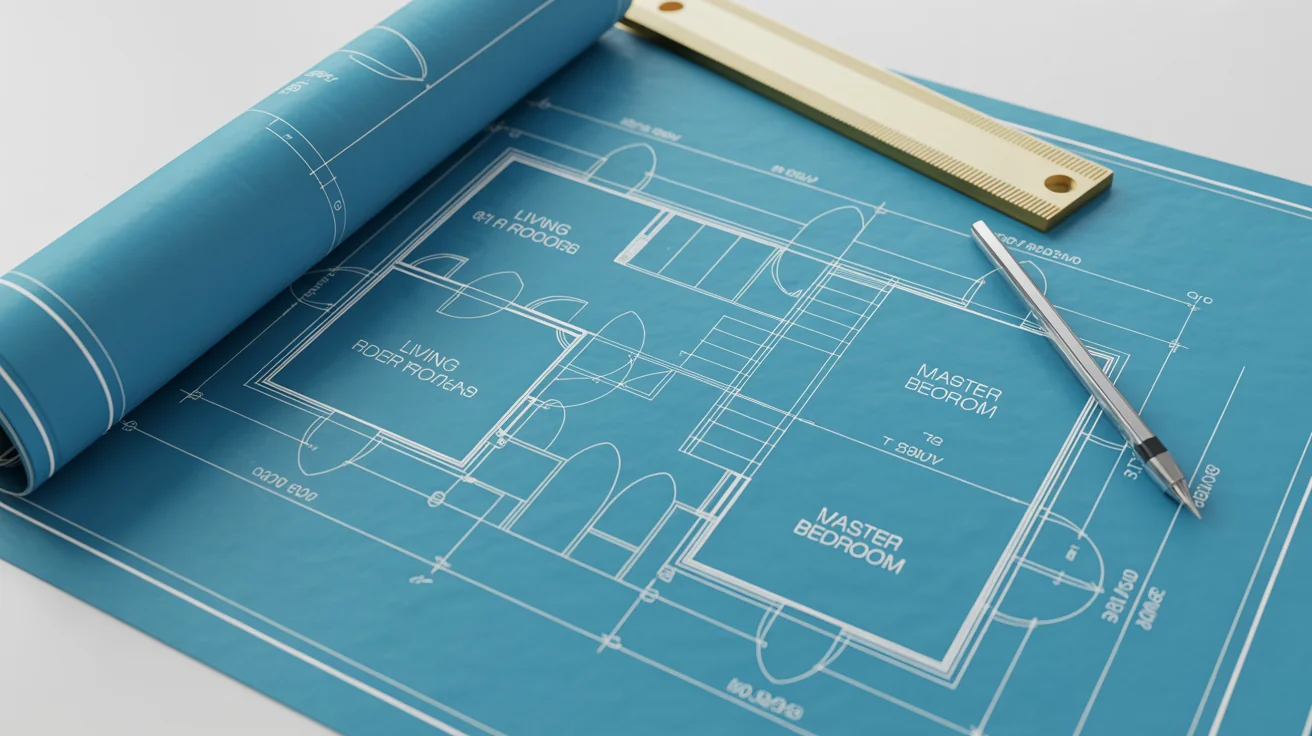 A detailed architectural blueprint of a modern house laid out on a clean white surface, with a pencil and a T-square ruler resting on top, signifying design and construction.