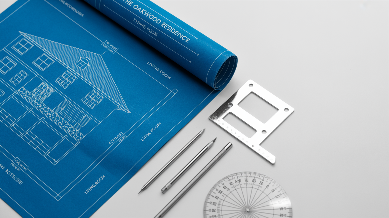 A professionally styled flat lay of a house blueprint showing a floor plan, accompanied by architectural drafting tools like a T-square and pencil on a clean white background.