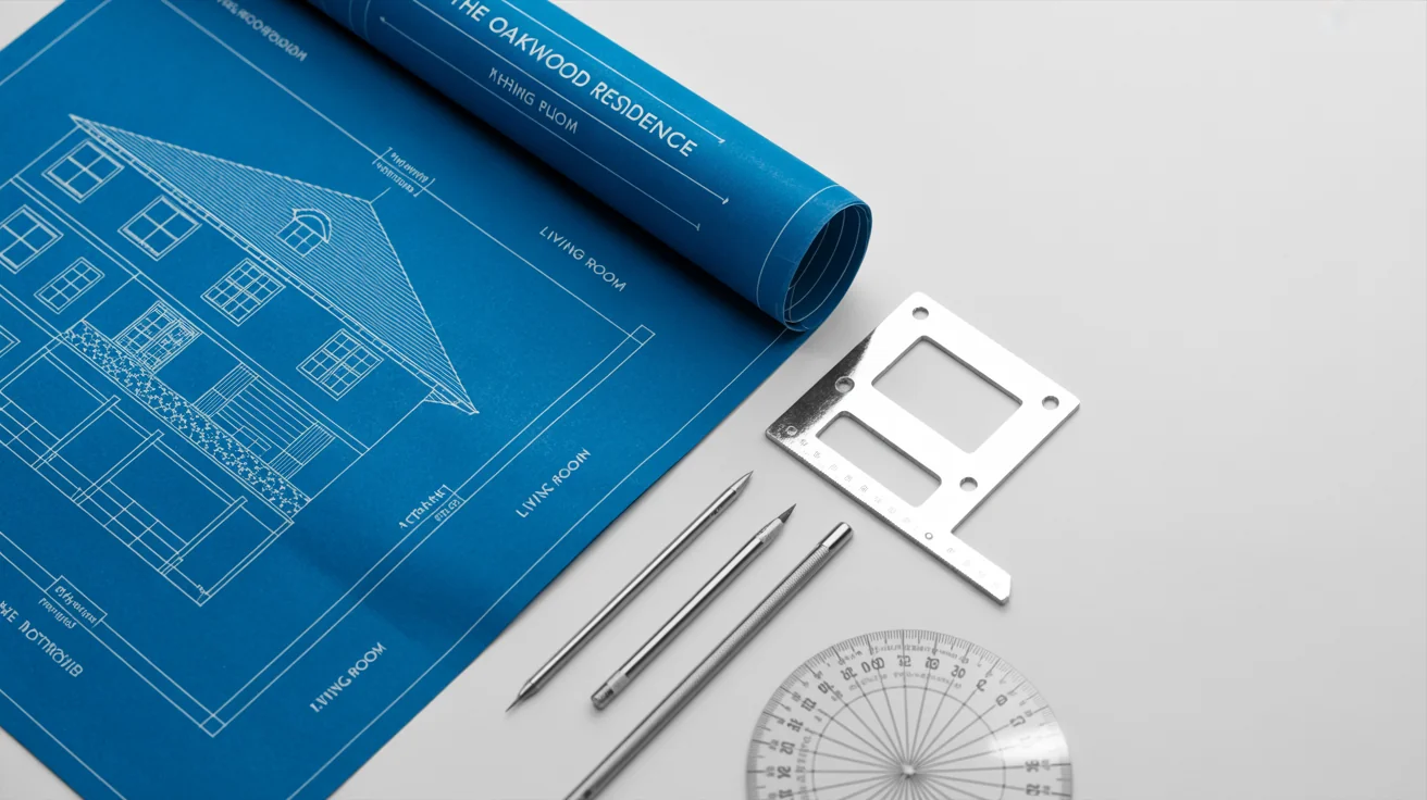 A professionally styled flat lay of a house blueprint showing a floor plan, accompanied by architectural drafting tools like a T-square and pencil on a clean white background.