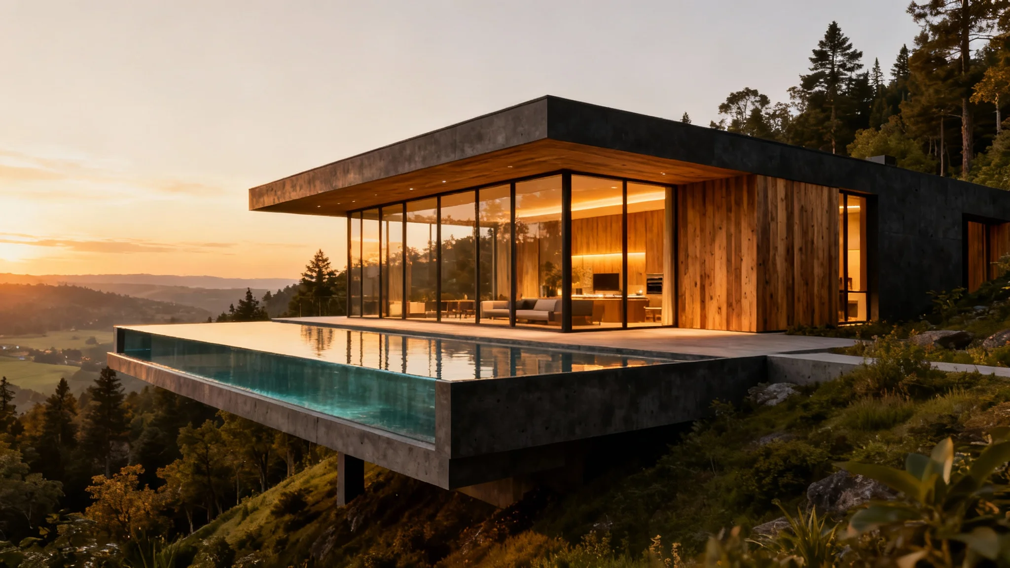 A photorealistic rendering of a modern luxury house with an infinity pool, set into a forested hillside at sunset, representing the final output of an architectural design tool.