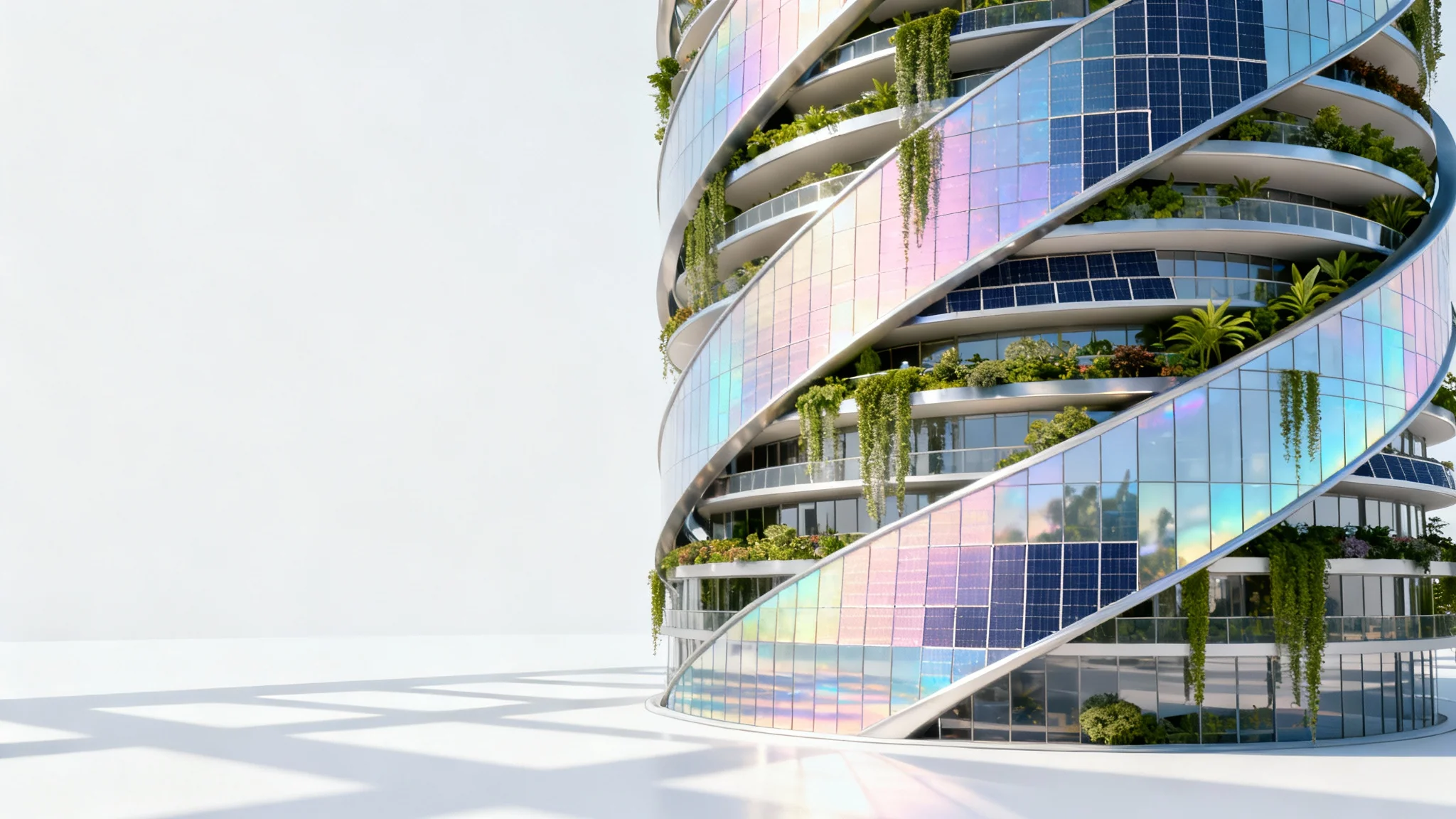 A photorealistic architectural model of a futuristic, twisting skyscraper with glass facades and vertical gardens, set against a plain white background.