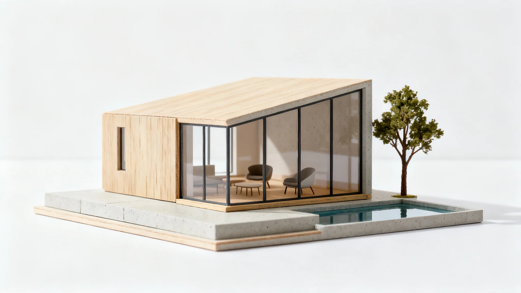 A detailed architectural model of a modern, minimalist house made of wood and concrete, sitting on a white surface against a white background.