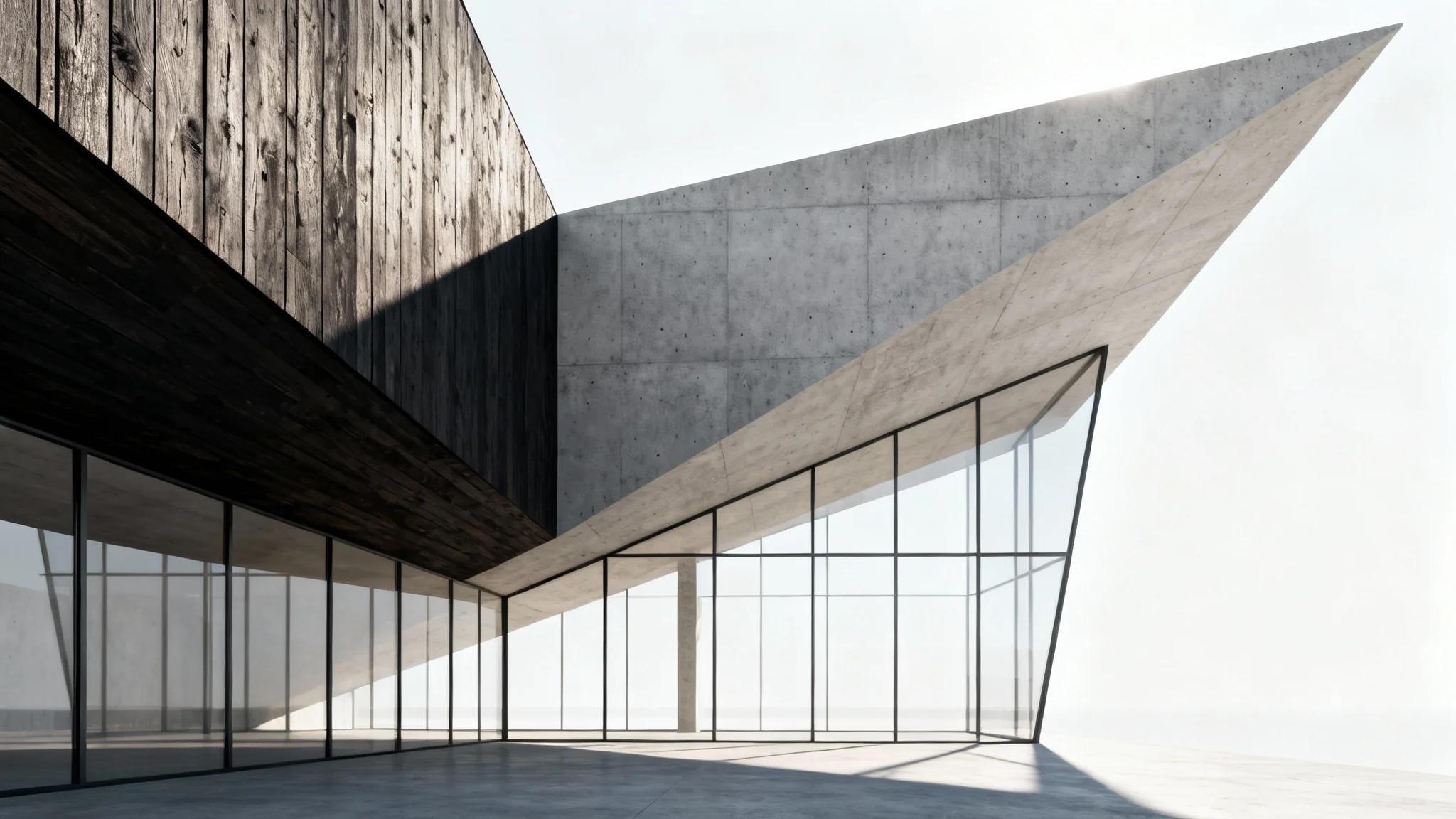 A photorealistic rendering of a modern architectural building with glass walls and a mix of concrete and wood, set against a clean white background.