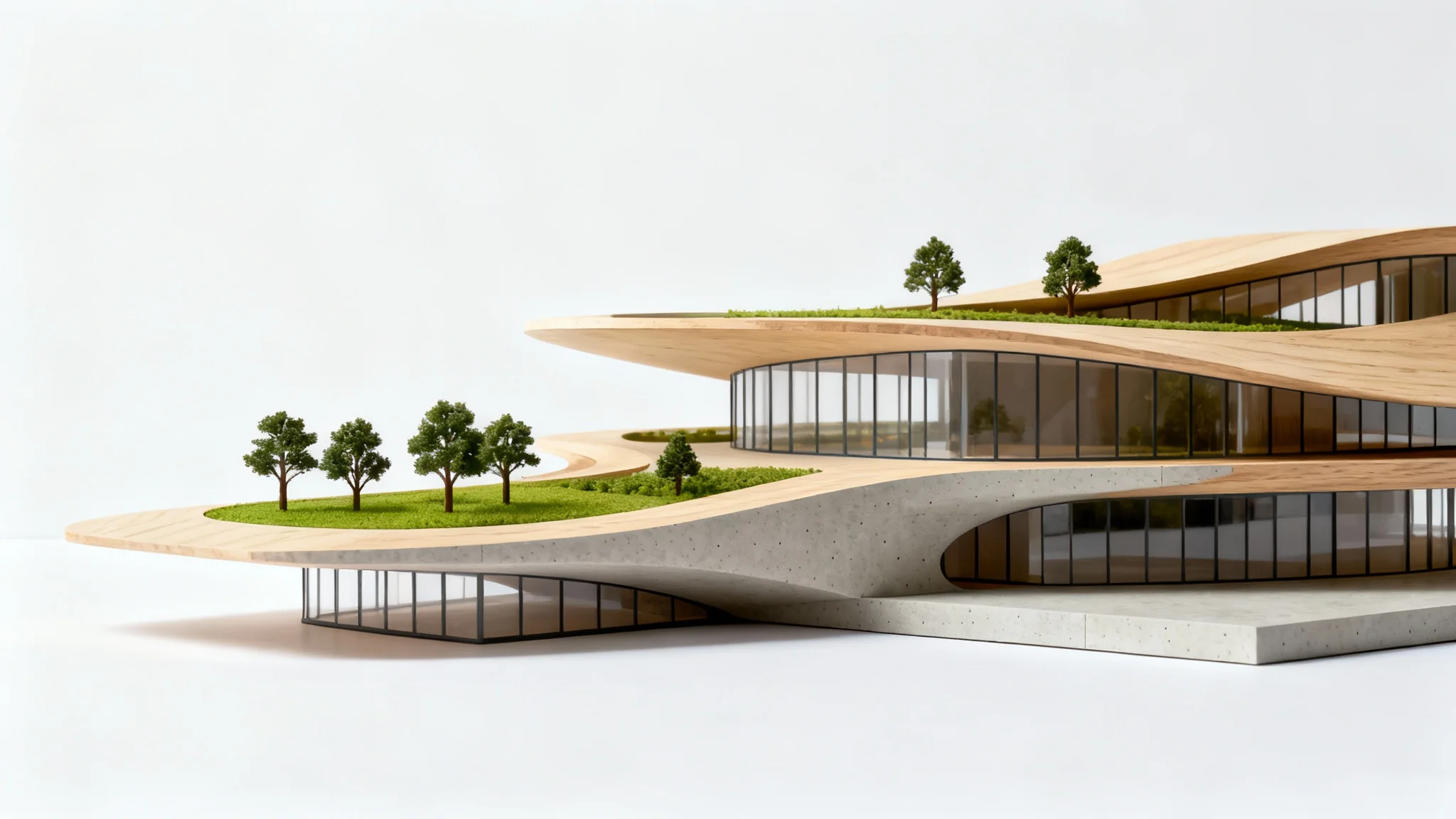 A detailed physical model of a modern, eco-friendly building with curved lines and green roofs, set against a clean white background.
