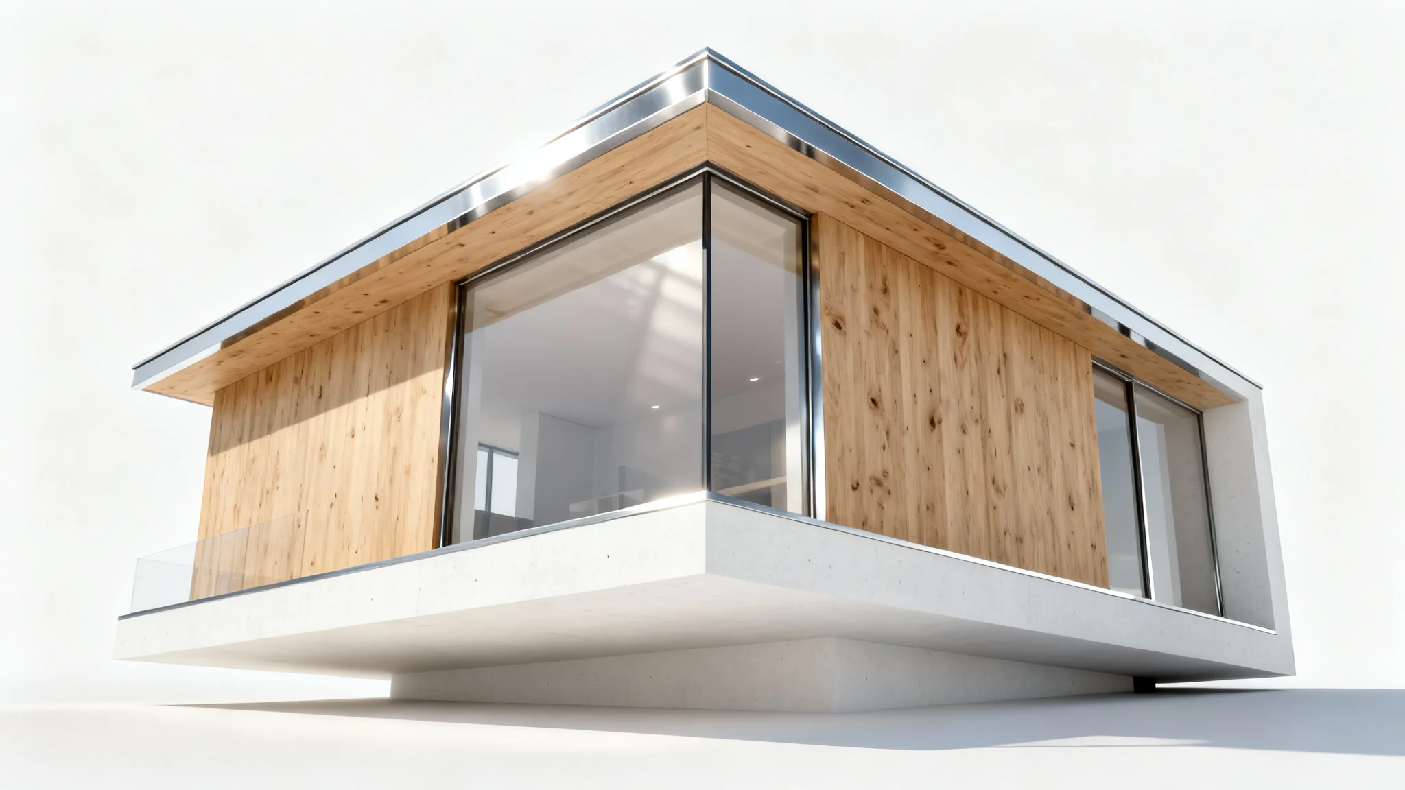 A photorealistic model of a modern architectural house with wood and concrete features, displayed against a clean white background in a studio setting.