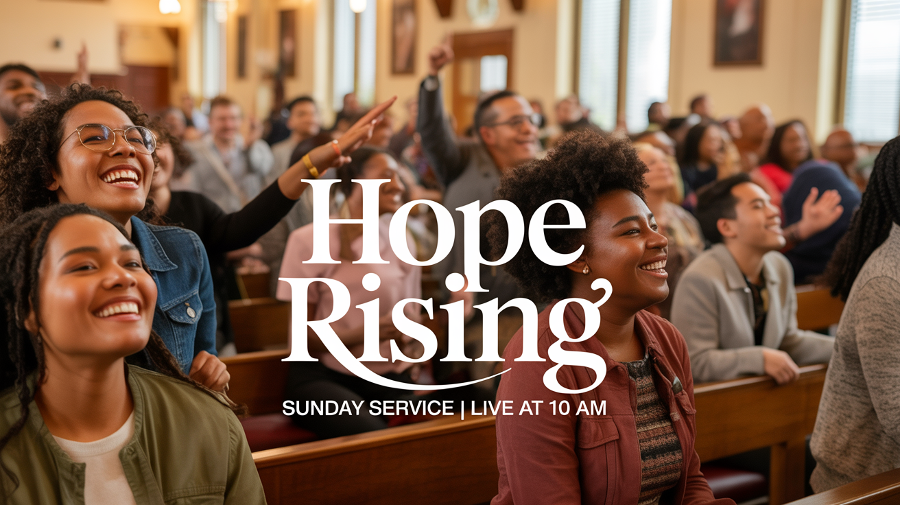 A polished hero image for a Sunday service titled 'Hope Rising', showing a joyful congregation worshiping, with modern text overlays for the service time.