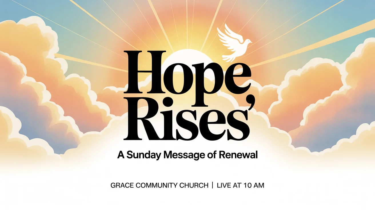 A professionally designed mockup of a Sunday service thumbnail titled 'Hope Rises', featuring a sunrise and a dove, conveying a message of faith and renewal.