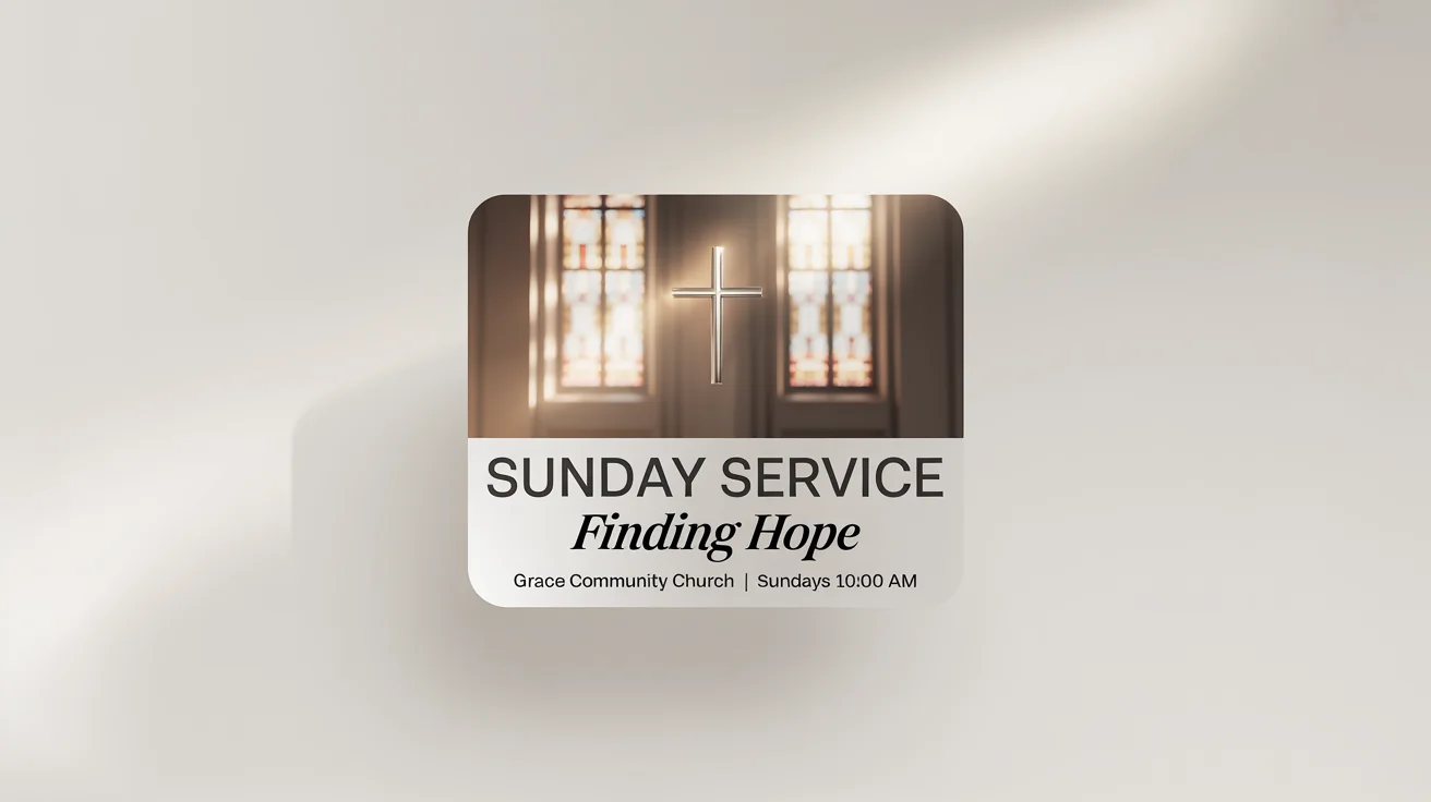 A mockup of a modern and serene Sunday service thumbnail for 'Grace Community Church', featuring a stylized cross, ethereal light rays, and event details. The image is presented on a clean white background.