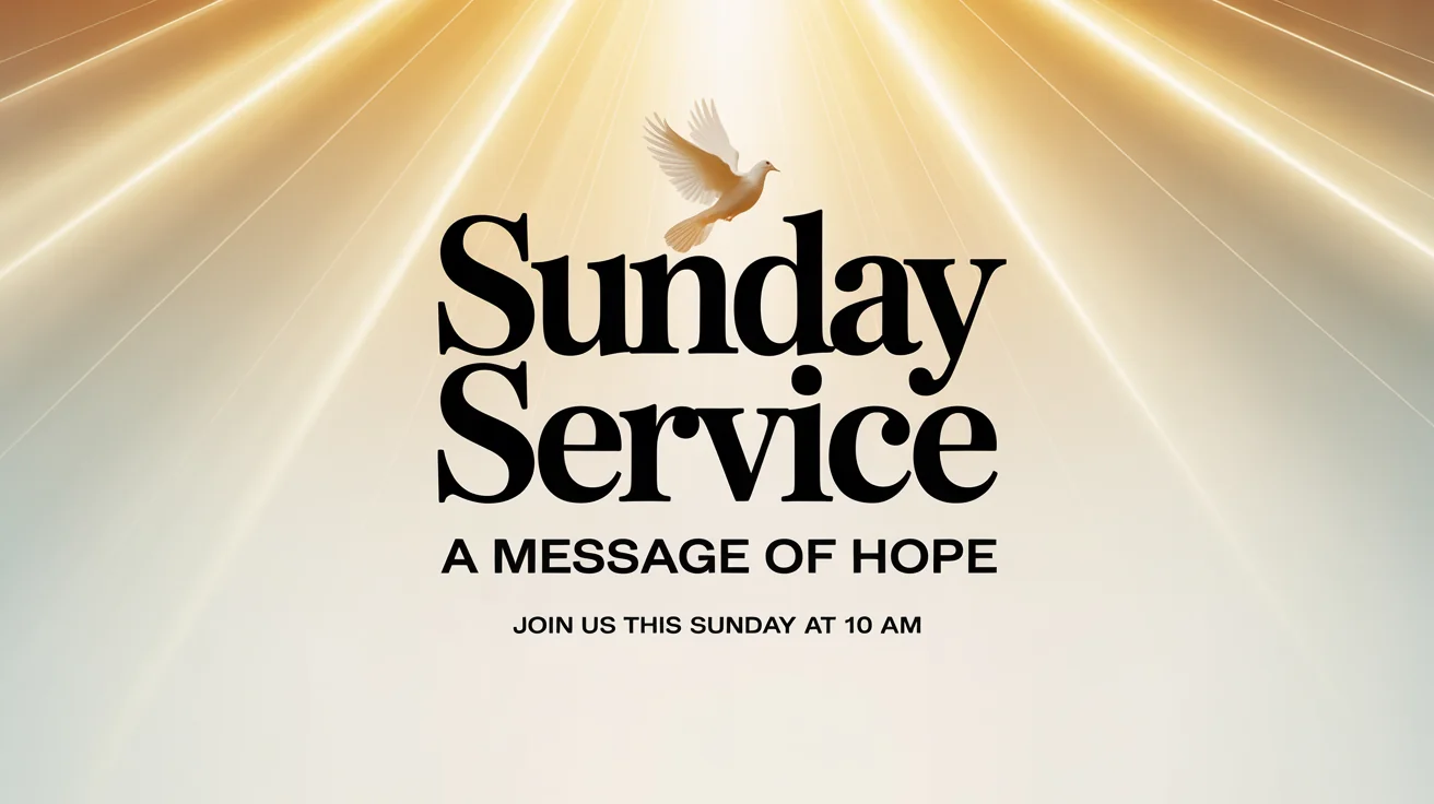 A mockup of a thumbnail for a Sunday service, featuring the text 'Sunday Service' and 'A Message of Hope' over a background of golden light rays and a dove.