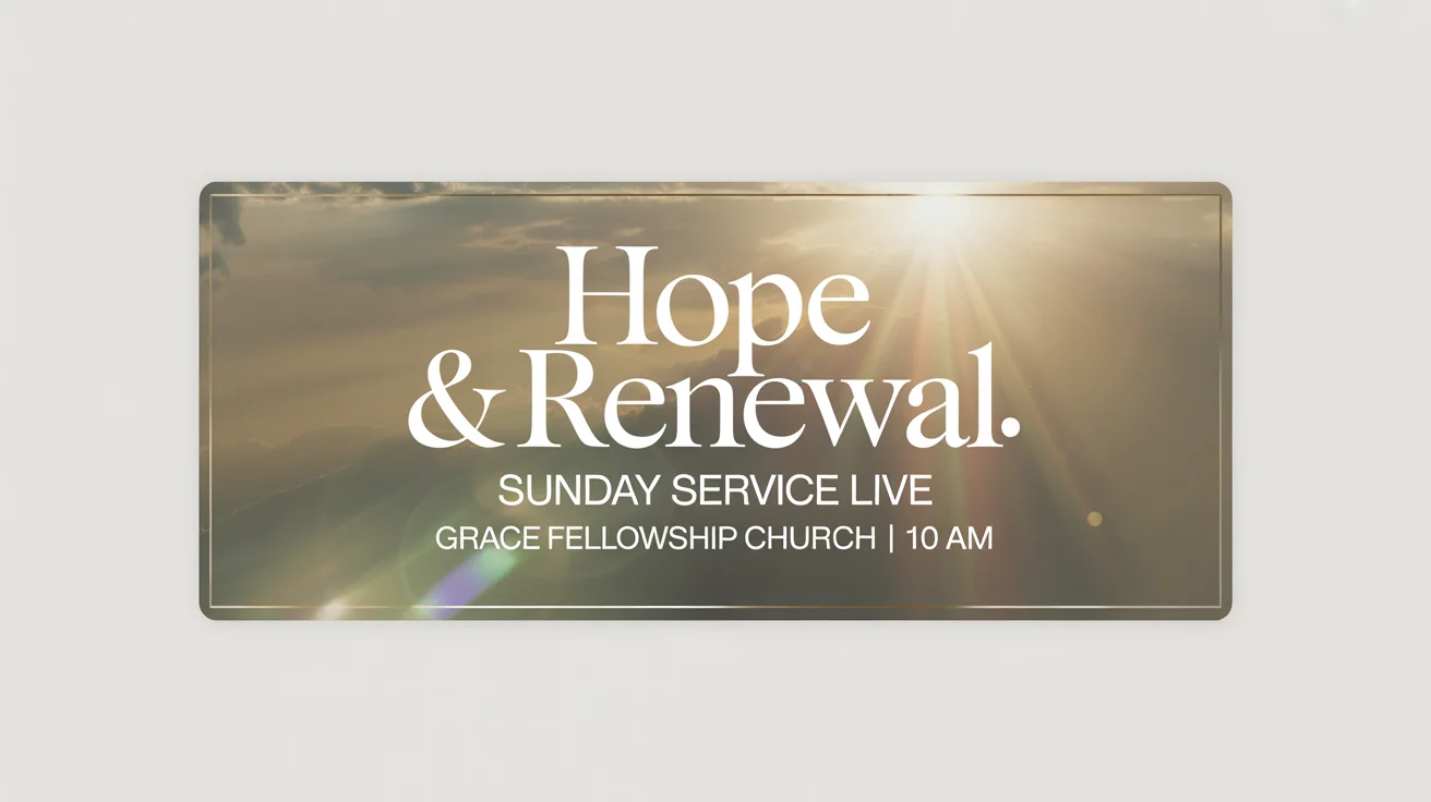 A mockup of a Sunday service thumbnail. The design features a background of sun rays through clouds with the text 'Hope & Renewal', 'Sunday Service Live', and 'Grace Fellowship Church | 10 AM'.