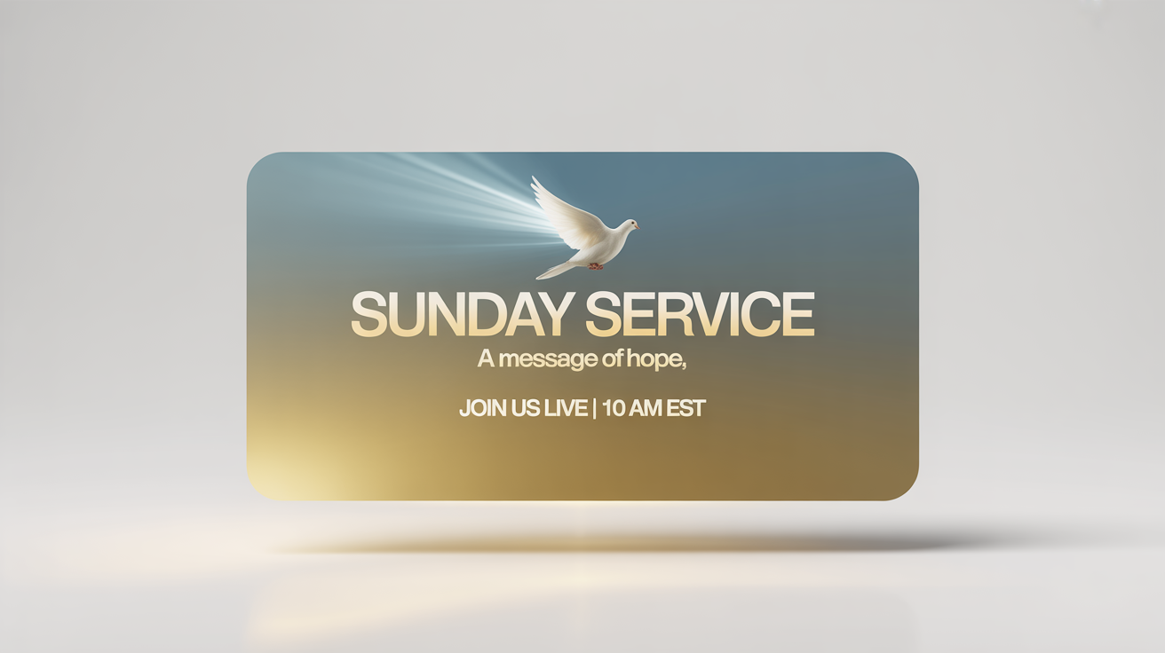 A mockup of a modern and peaceful Sunday service thumbnail against a white background. The thumbnail shows a dove, sun rays, and text that reads 'Sunday Service', 'A Message of Hope', and 'Join Us Live | 10 AM EST'.