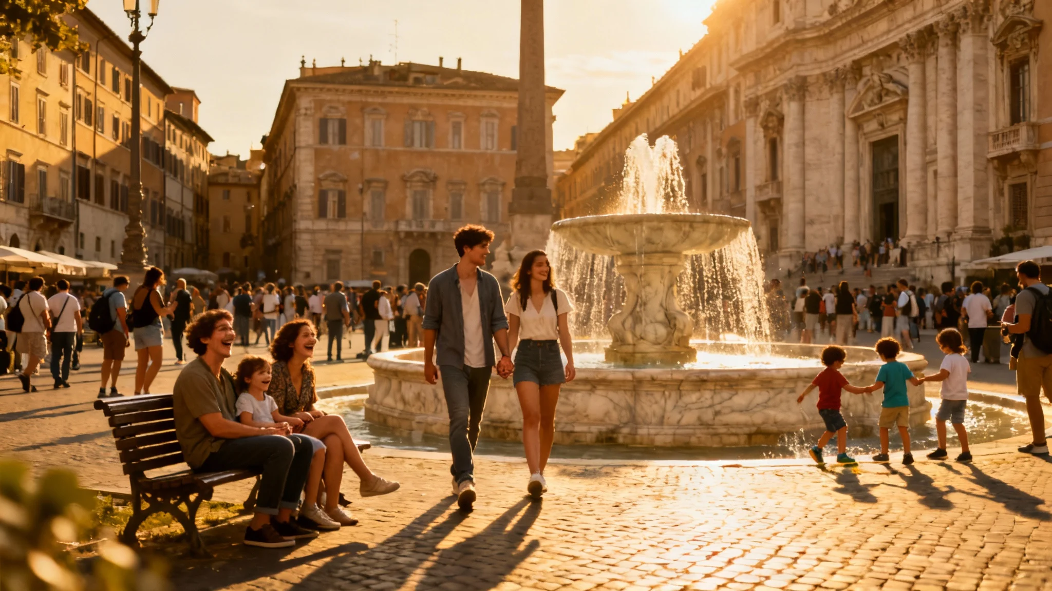 A vibrant European plaza at sunset, bustling with diverse groups of people enjoying the evening, demonstrating a tool that adds people to images.