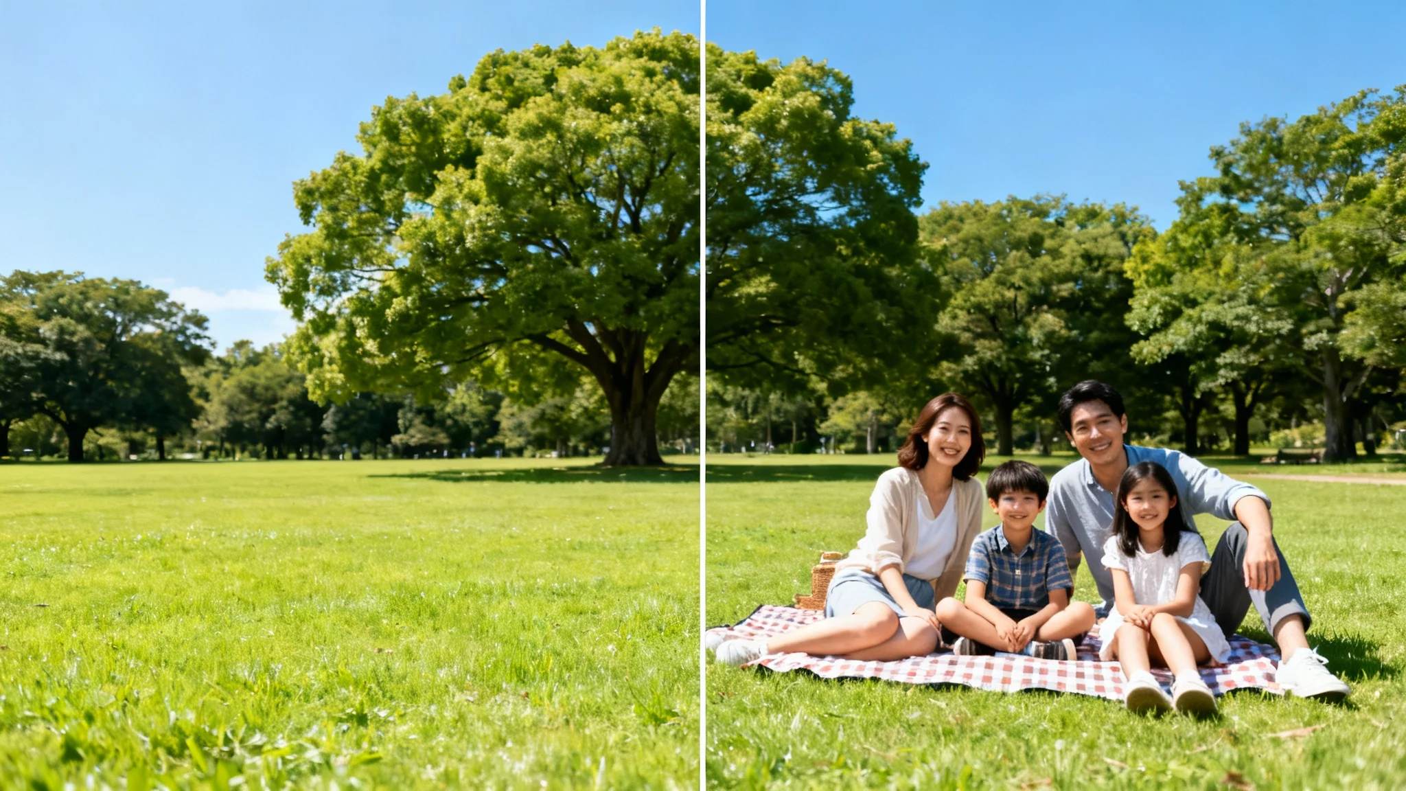 A split-screen comparison image showing the 'add people' feature. The left side displays an empty park lawn, and the right side displays the same scene with a happy family having a picnic added to it.