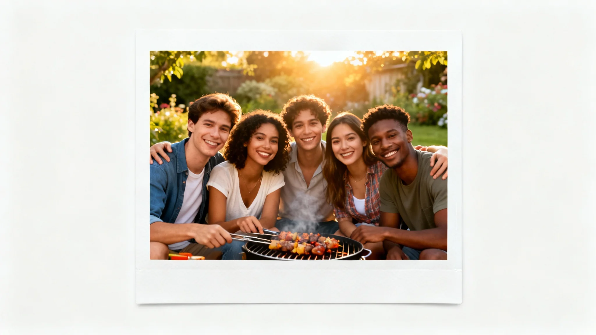 A photorealistic mockup showing a perfect group photo of five diverse friends at an outdoor barbecue, all smiling happily, representing the ability to add people to a picture.