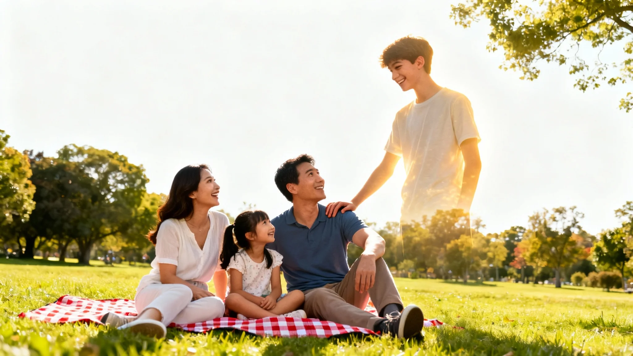 A photorealistic mockup illustrating the 'add people' concept. It shows a happy family at a picnic, with a teenage son faintly glowing to signify he has just been added to the photo, completing the joyous family scene. The image is set against a plain white background.