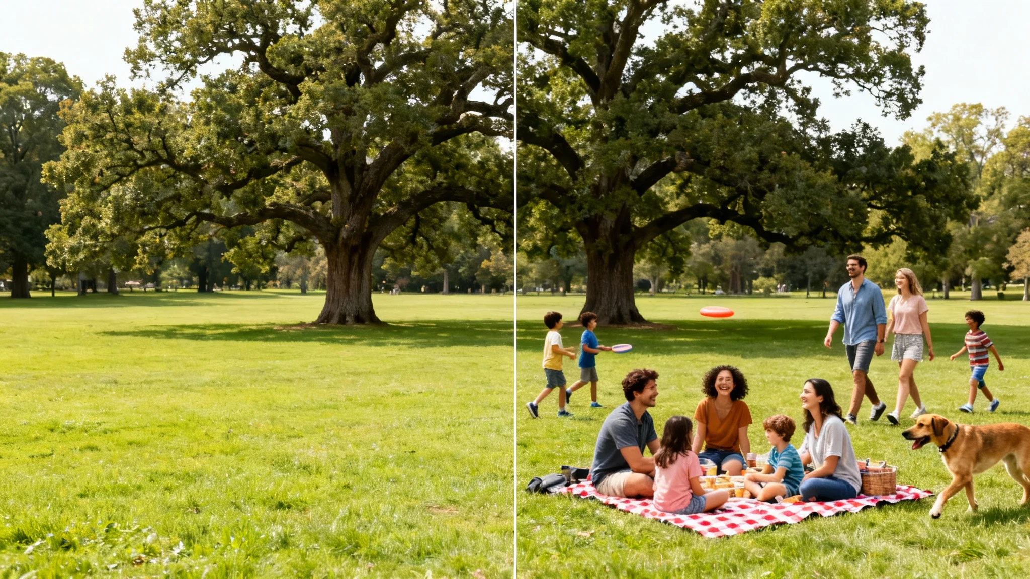A side-by-side comparison image demonstrating the 'add people' feature. The left side shows an empty park, and the right side shows the same park filled with happy people enjoying the day.