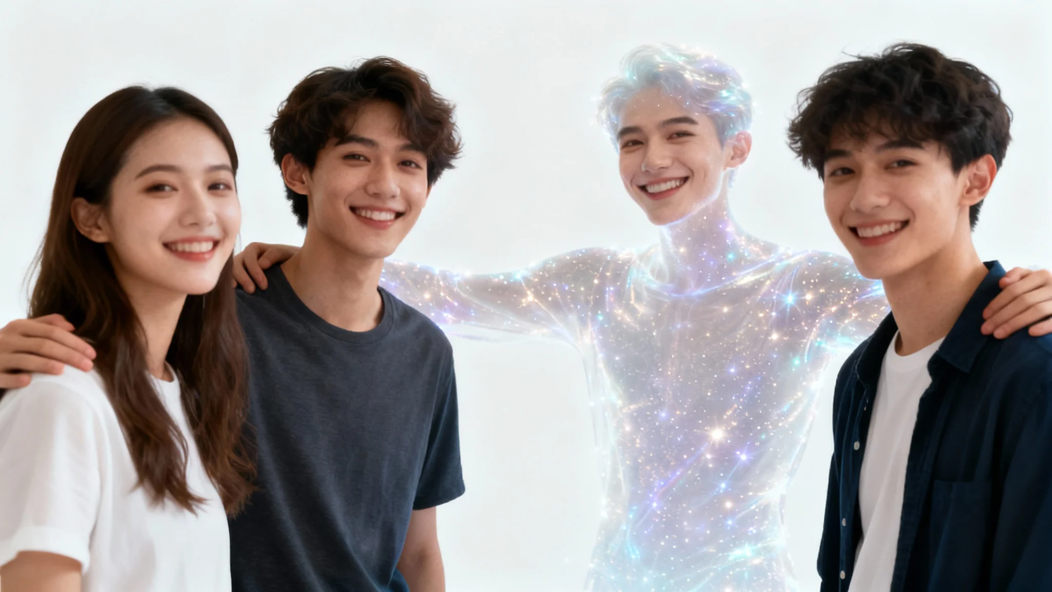 A group of three friends against a white background with a glowing, semi-transparent figure of another person materializing in the middle to complete their group photo.