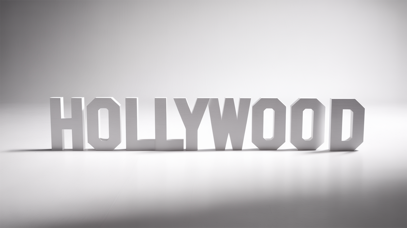 A miniature 3D model of the white Hollywood sign standing upright as a cutout object against a stark white background.