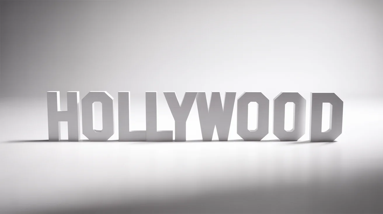 A miniature 3D model of the white Hollywood sign standing upright as a cutout object against a stark white background.