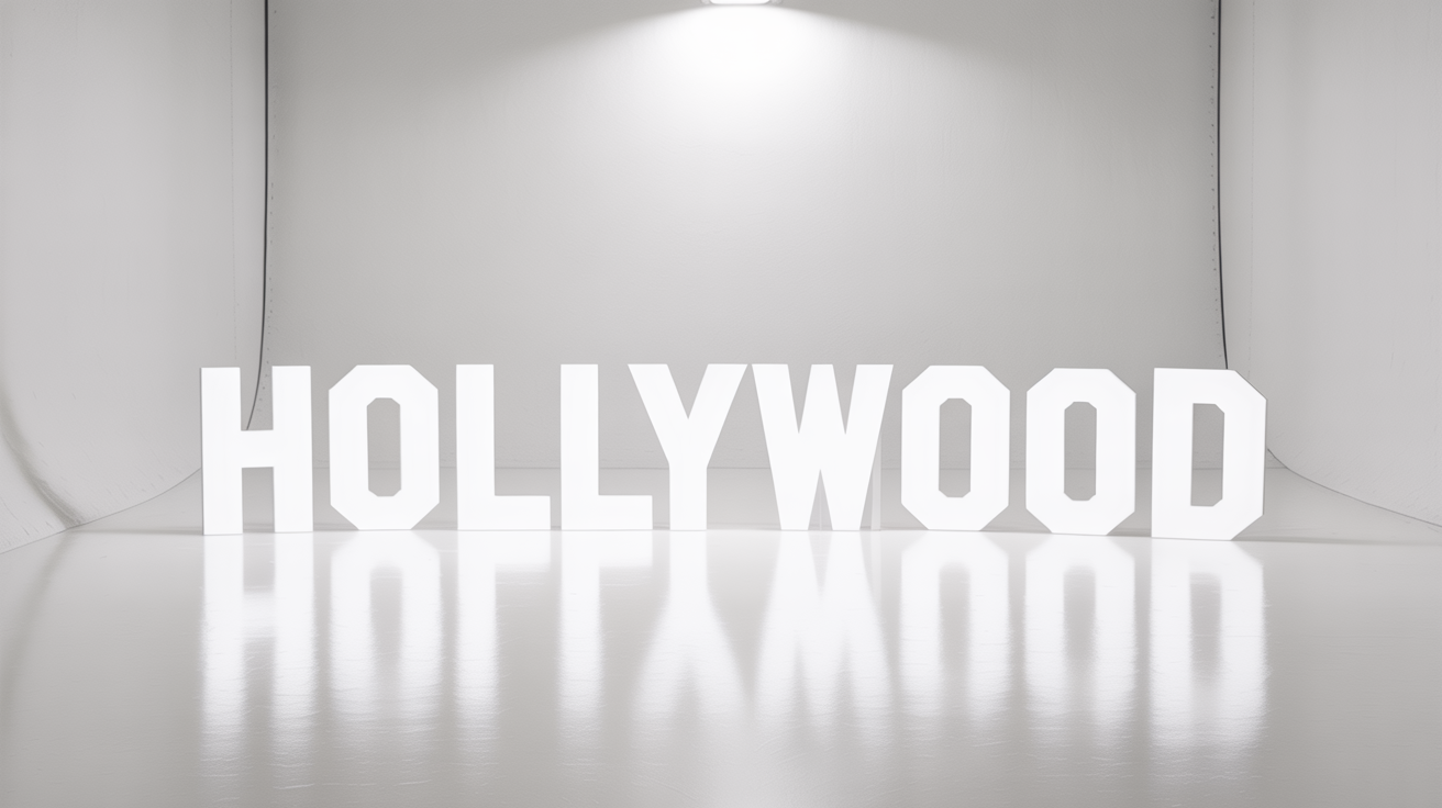 A 3D cutout of the white letters of the Hollywood sign, presented as a product mockup on a clean white background.