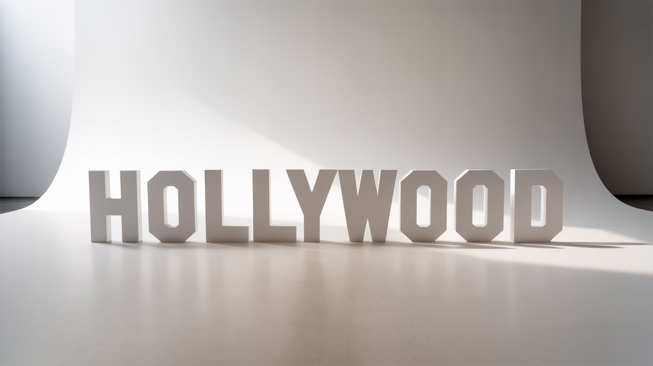 A photorealistic mockup of a large, white, freestanding cutout of the Hollywood sign, set against a seamless white background in a studio setting.