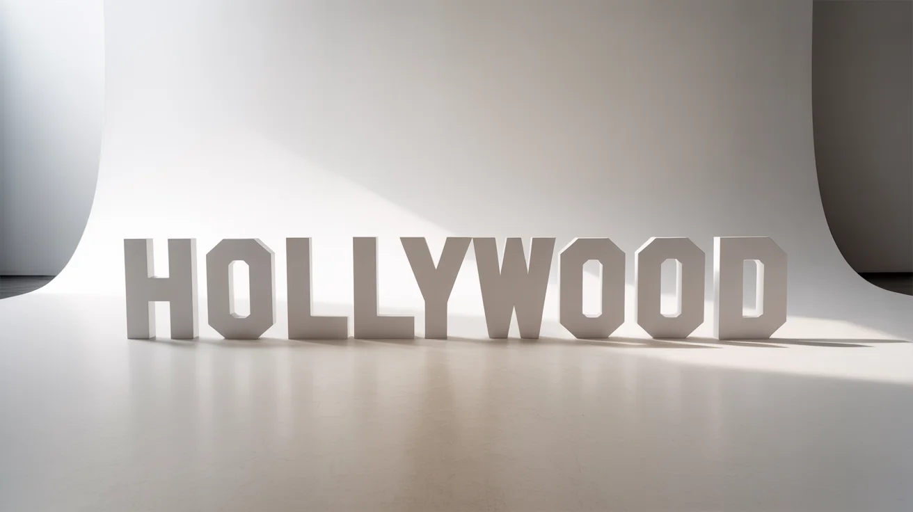 A photorealistic mockup of a large, white, freestanding cutout of the Hollywood sign, set against a seamless white background in a studio setting.