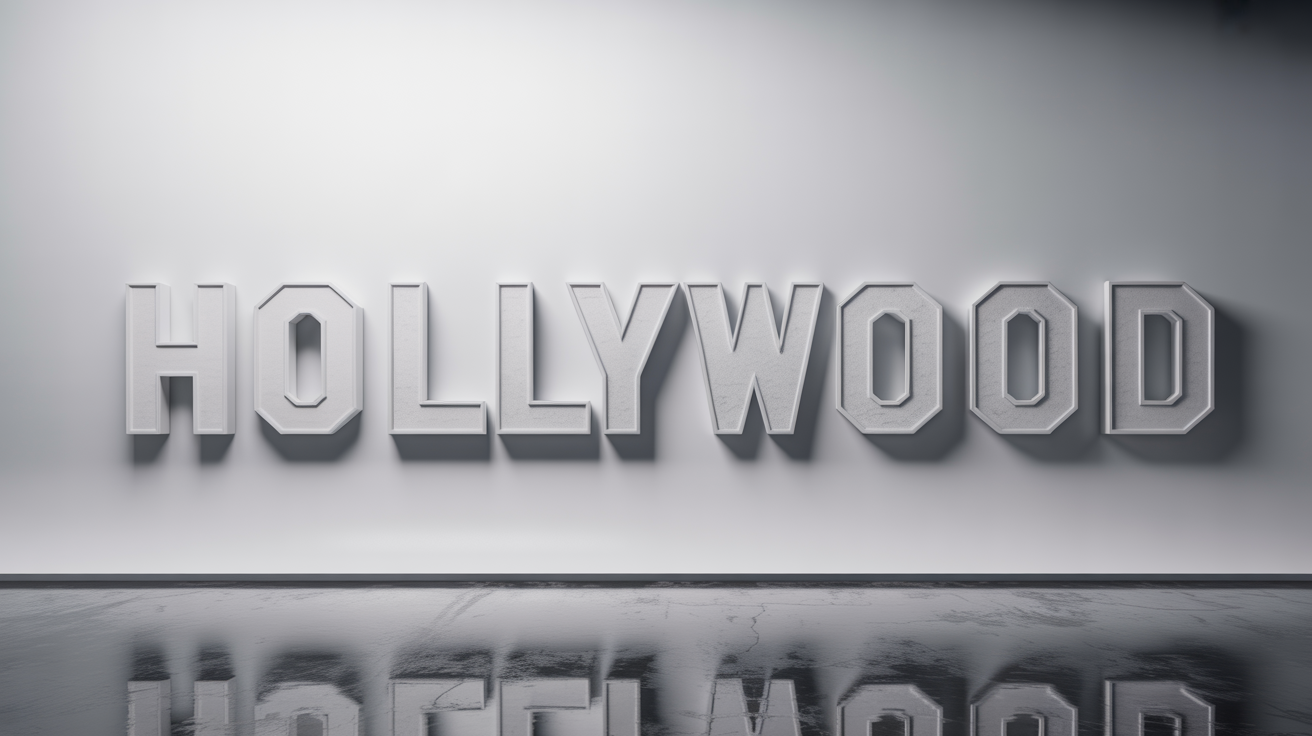 A photorealistic 3D cutout of the iconic white Hollywood sign, presented against a clean white background with a soft shadow.