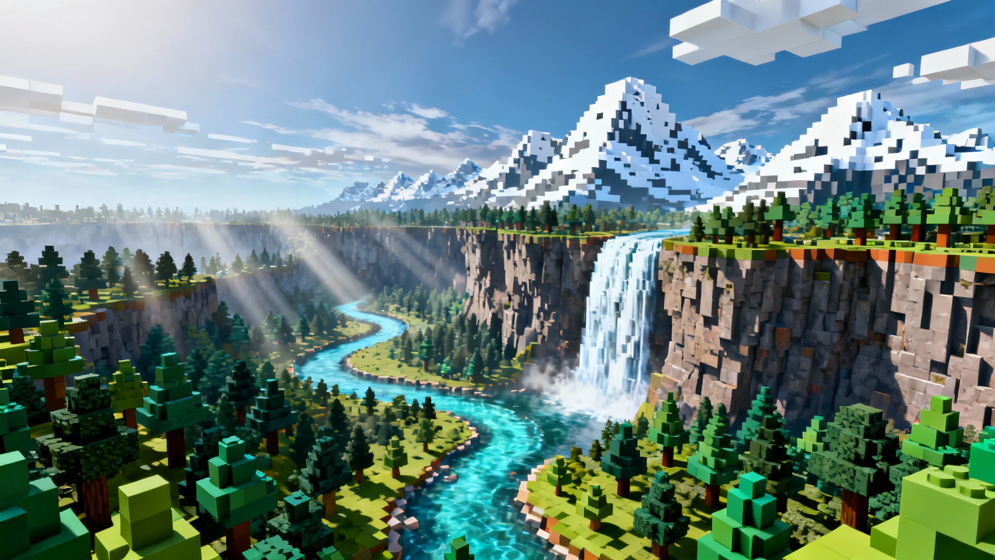 An epic, professionally generated Roblox terrain showing a lush forest in the foreground, a massive waterfall, and snow-capped mountains in the distance, all in a polished, blocky art style.
