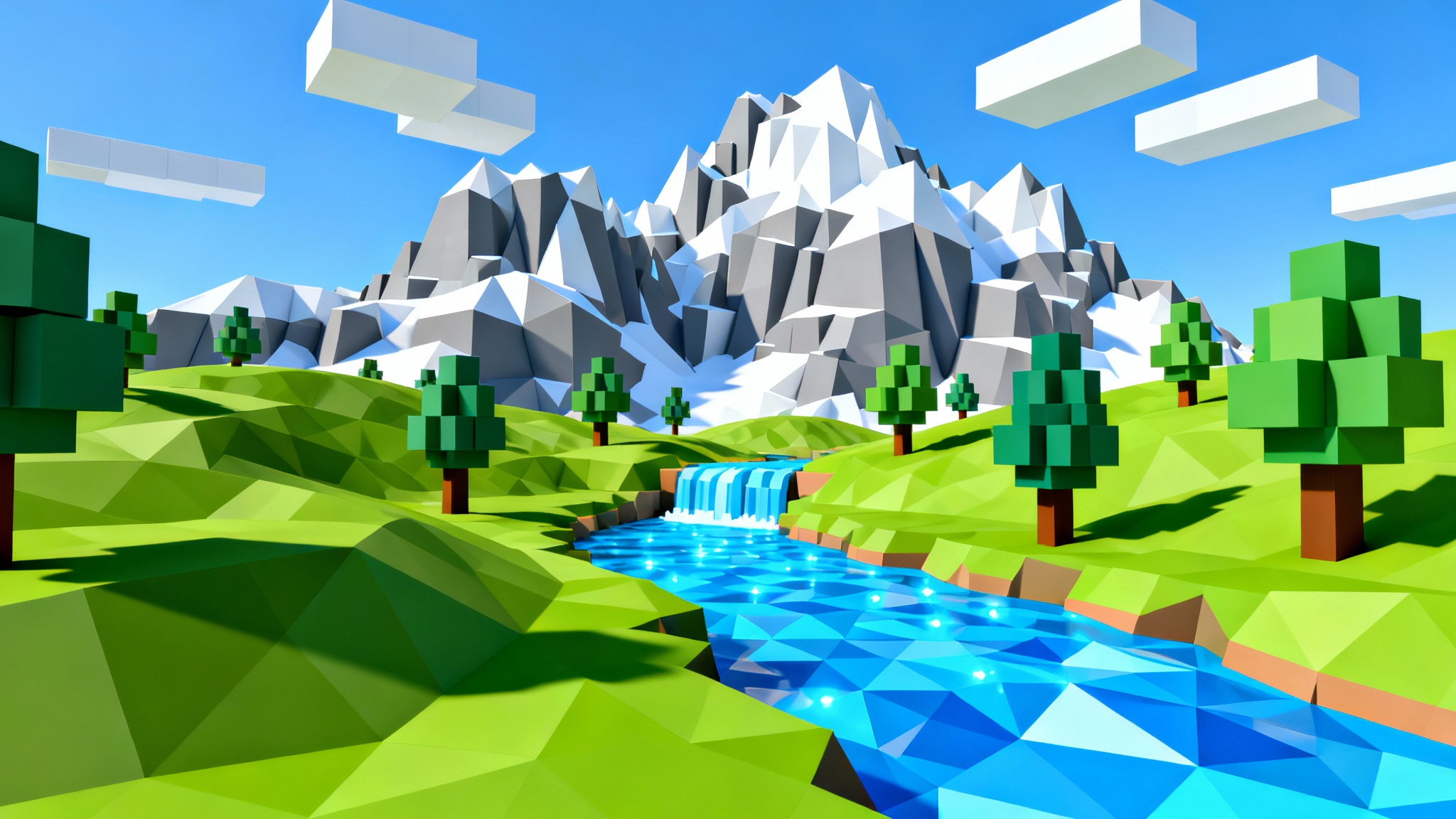 A vibrant, blocky landscape designed in the style of a Roblox game, featuring green hills, a blue river, and snow-capped mountains under a clear sky.