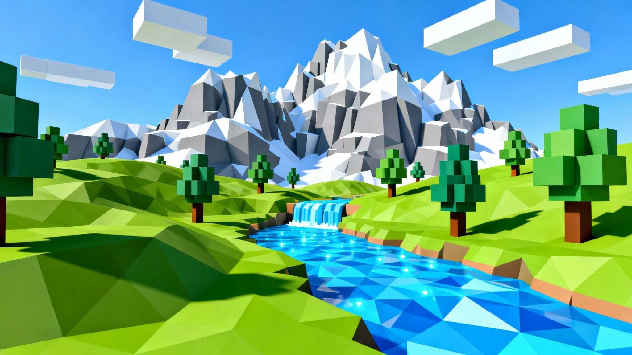 A vibrant, blocky landscape designed in the style of a Roblox game, featuring green hills, a blue river, and snow-capped mountains under a clear sky.