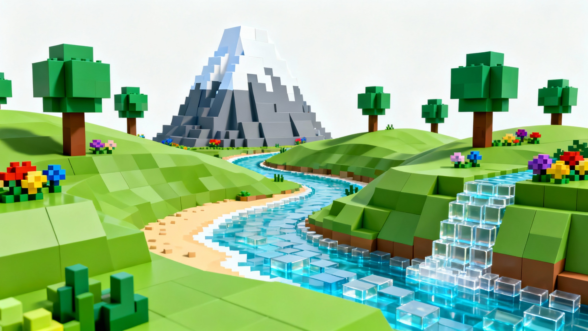 A vibrant, blocky diorama of a Roblox-style terrain, featuring green hills, a river, and a mountain, all rendered in a low-poly style against a white background.
