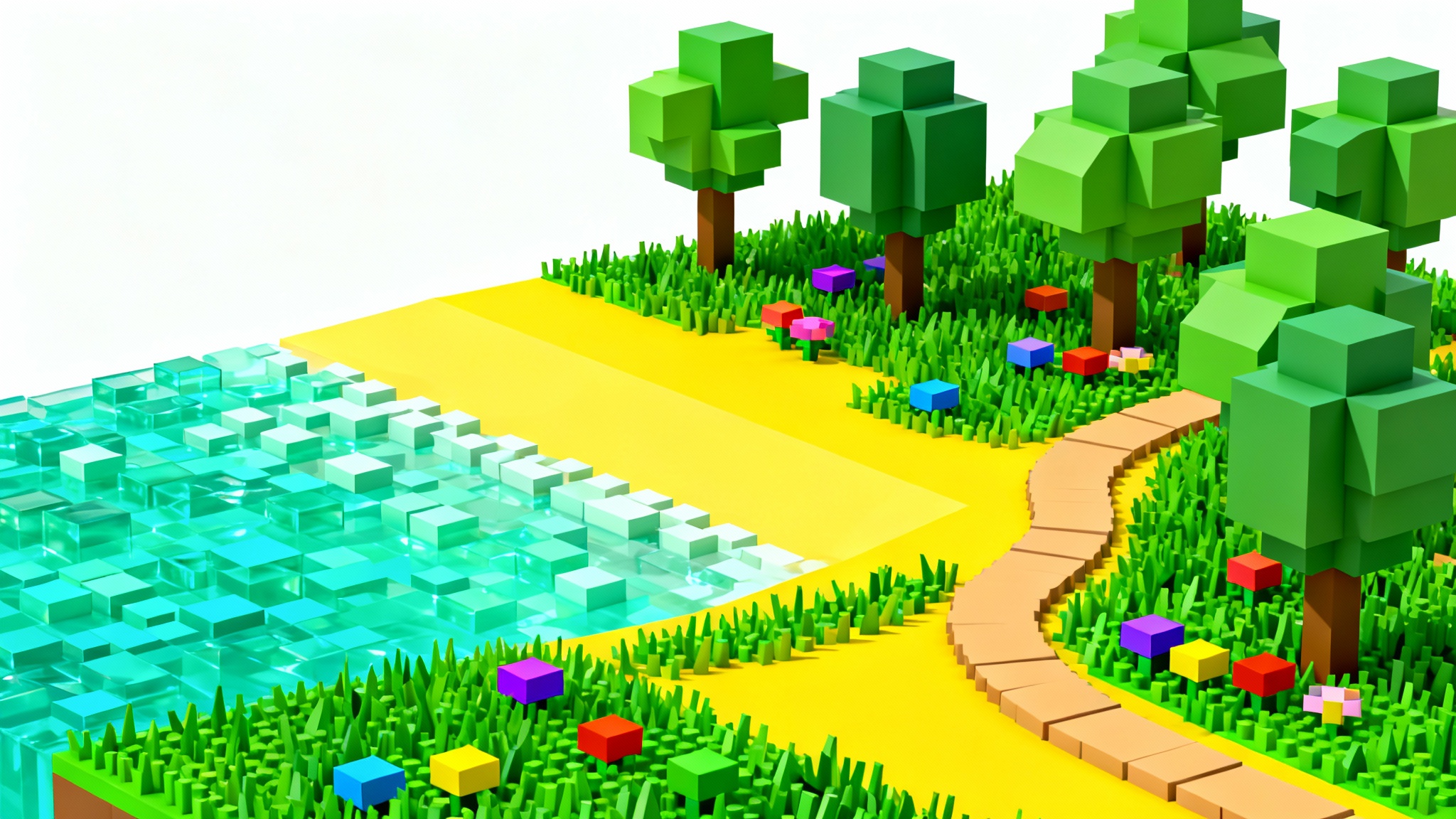 A 3D model of a colorful, blocky, Roblox-style island terrain, featuring a beach, grassy areas, and stylized trees, set against a plain white background.