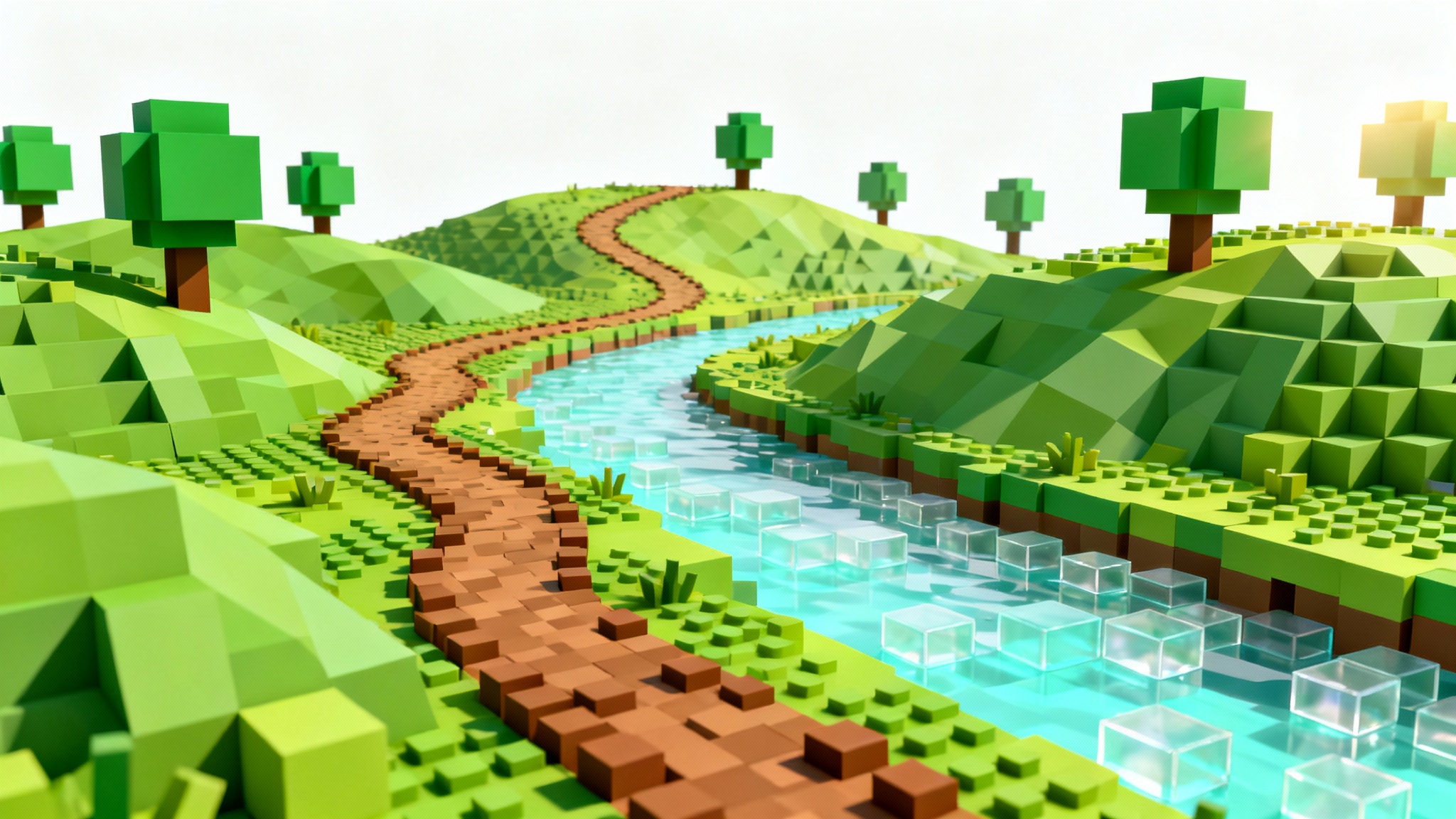 A vibrant, blocky landscape created in the style of a Roblox terrain, featuring green hills, a river, and simple trees on a white background.