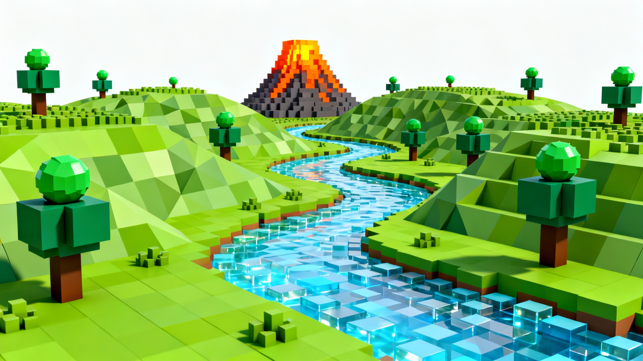 A vibrant, low-poly Roblox-style terrain mockup featuring blocky green hills, a winding river, and a distant volcano, all rendered in a cheerful, cartoonish style.